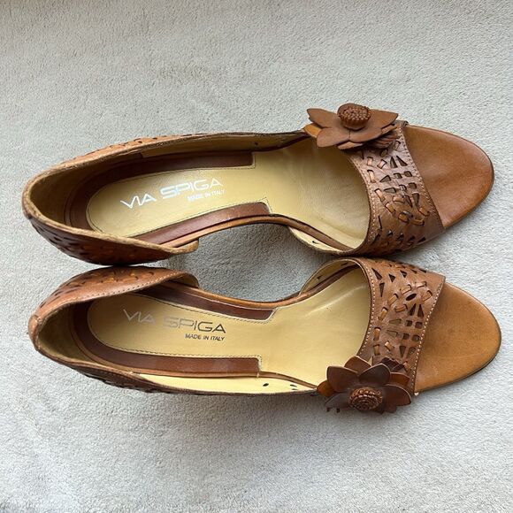 Via Spiga Tan Woven Leather Open Toe Heels Women 8.5 Cut Outs Flower Casual - Picture 8 of 16